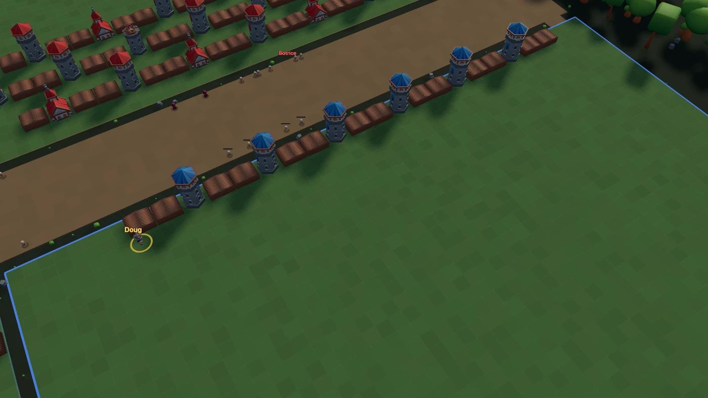 A mid-game battle: a tower maze under siege by a marching horde