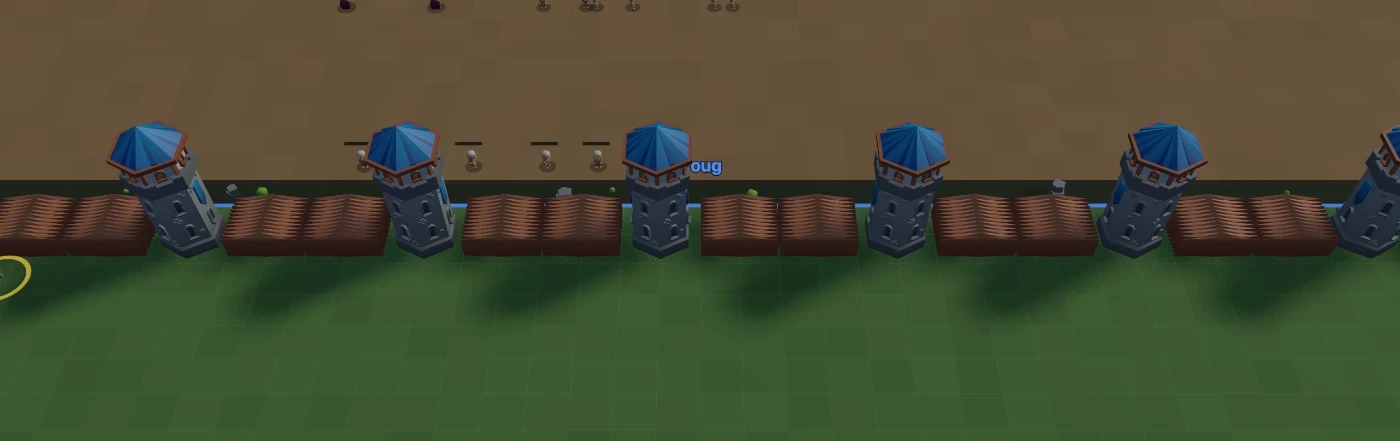 A winding maze of towers and walls forcing mobs along a long path